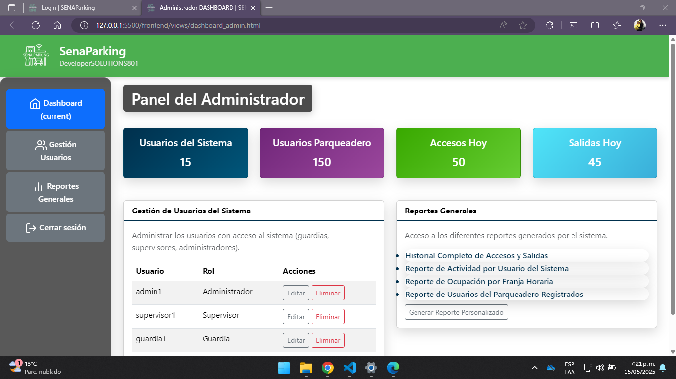 Captura de pantalla del proyecto SENAParking, sistema de gestión para parqueaderos