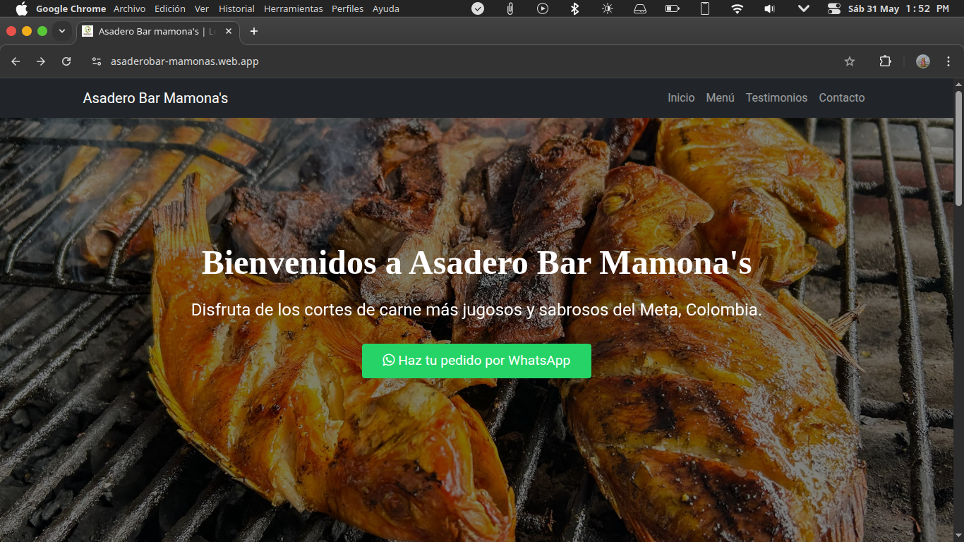 Captura de pantalla de la página web del Asadero Bar Mamona's', p+agina para, ventas, pedidos y publicidad