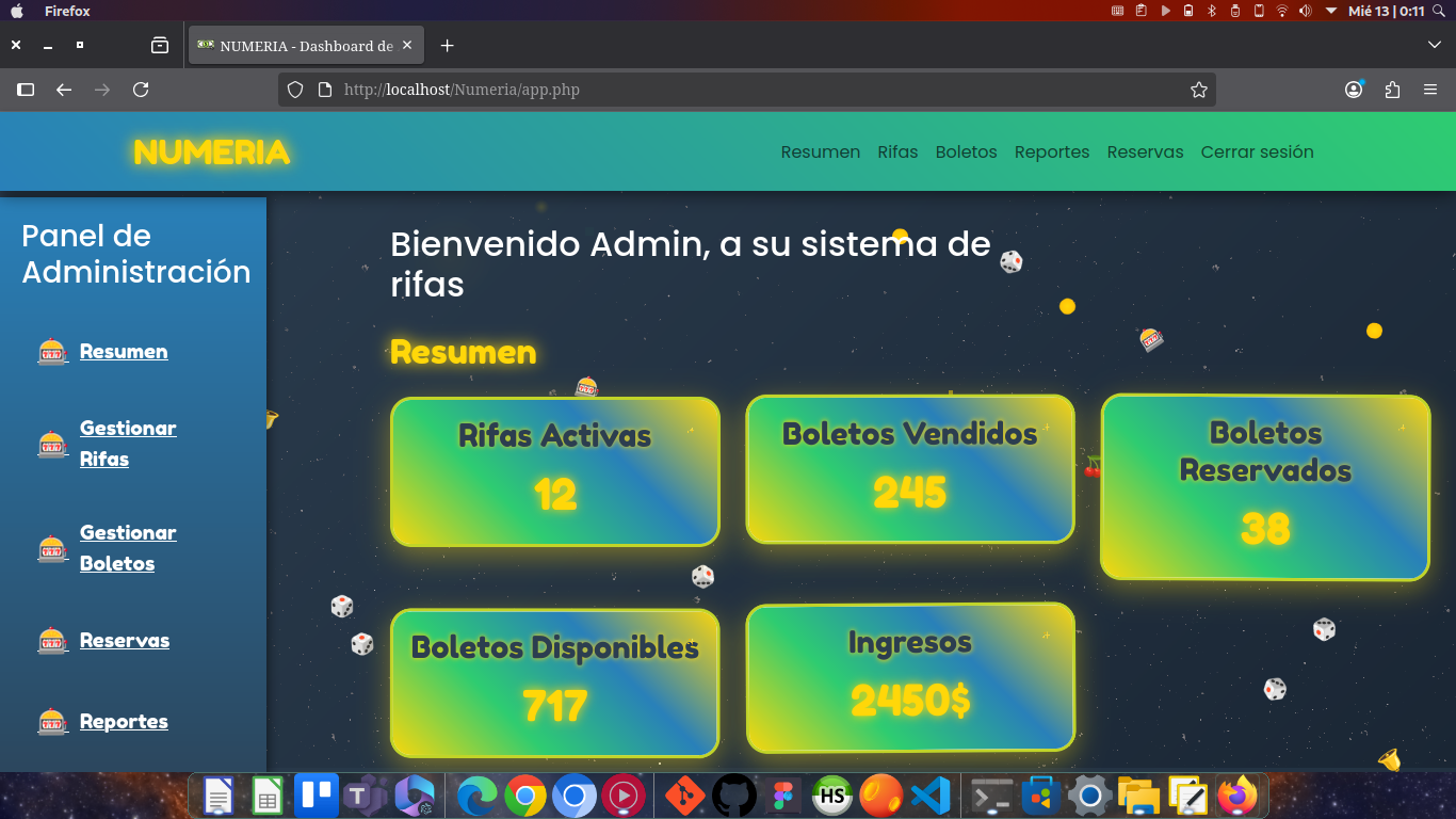Captura de pantalla del proyecto NUMERIA, sistema de gestión para rifas